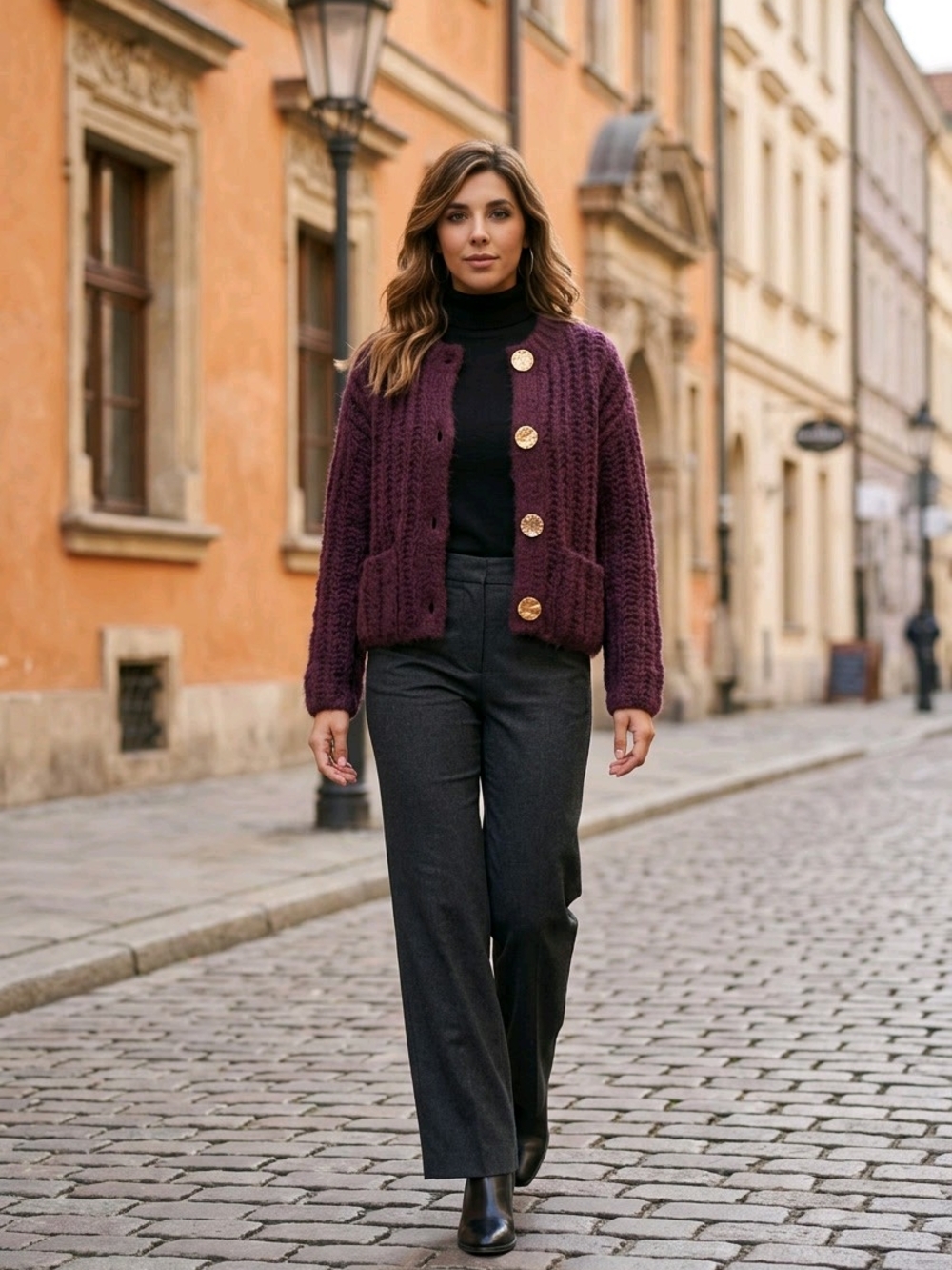 Chunky Knit Cardigan with Gold Buttons - Wine - Picture 5 of 9